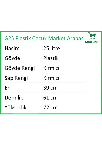 G25 Plastik Çocuk Market Alışveriş Arabası 25 Litre Kırmızı fiyatları