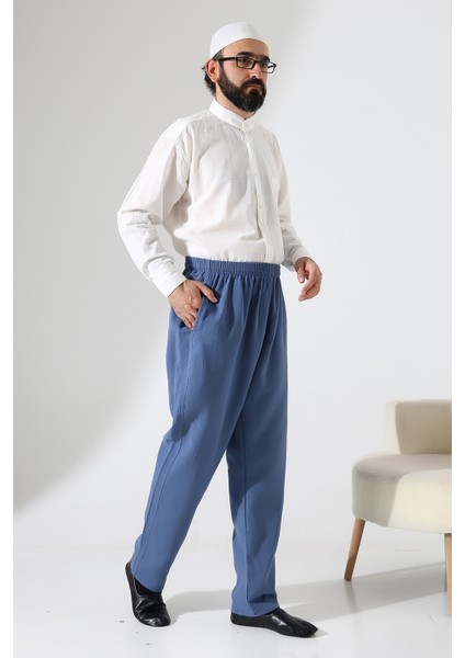 Erkek Lastikli Bel Cepli Hac Umre Müslin Pantolon - Mavi (Ans) fiyatları