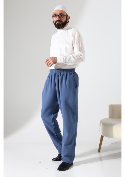 Erkek Lastikli Bel Cepli Hac Umre Müslin Pantolon - Mavi (Ans) modelleri