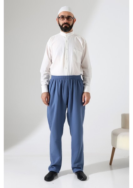 Erkek Lastikli Bel Cepli Hac Umre Müslin Pantolon - Mavi (Ans) fırsatları