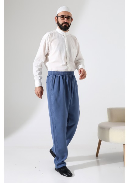 Erkek Lastikli Bel Cepli Hac Umre Müslin Pantolon - Mavi (Ans) indirimleri