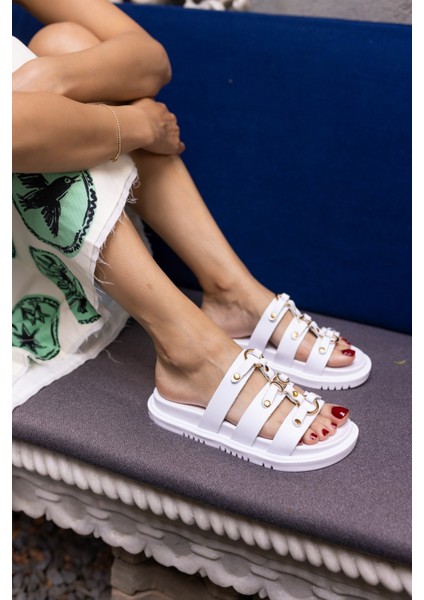 Piero Kadin Bej Deri Tozlu Metal Tokali Terlik fiyatları