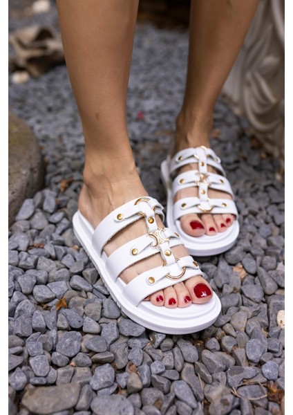 Piero Kadin Bej Deri Tozlu Metal Tokali Terlik