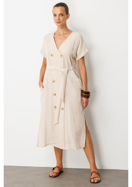 Kruvaze Yaka Keten Görünümlü Elbise-Taş