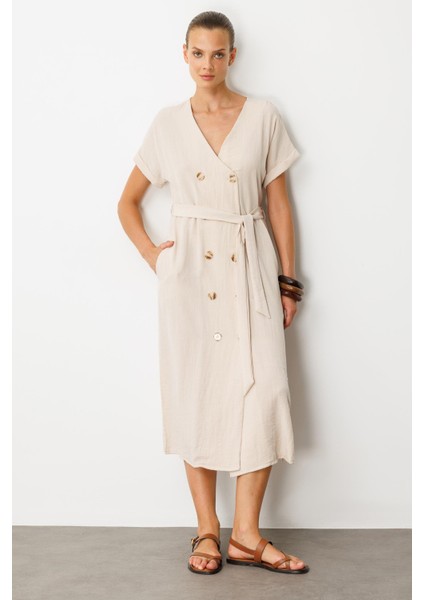 Kruvaze Yaka Keten Görünümlü Elbise-Taş fiyatları