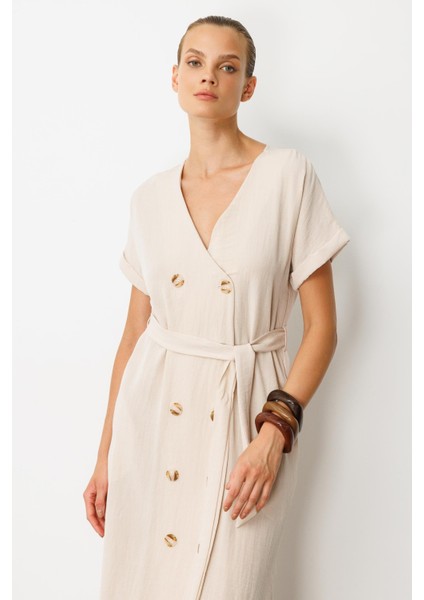 Kruvaze Yaka Keten Görünümlü Elbise-Taş modelleri