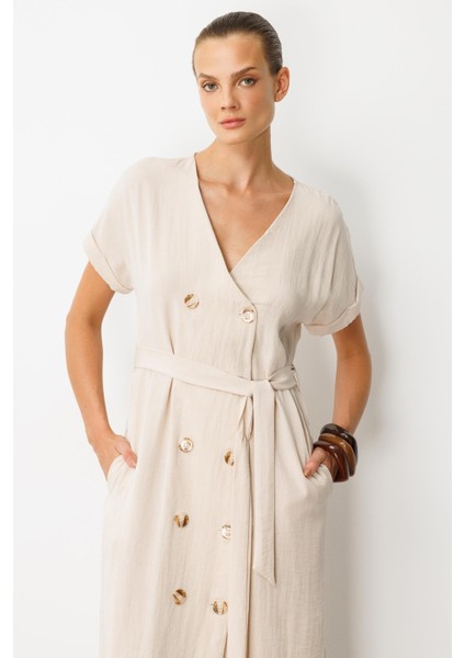 Kruvaze Yaka Keten Görünümlü Elbise-Taş indirimleri