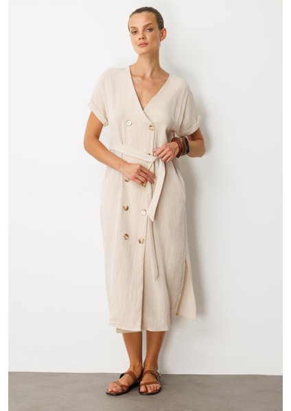 Kruvaze Yaka Keten Görünümlü Elbise-Taş