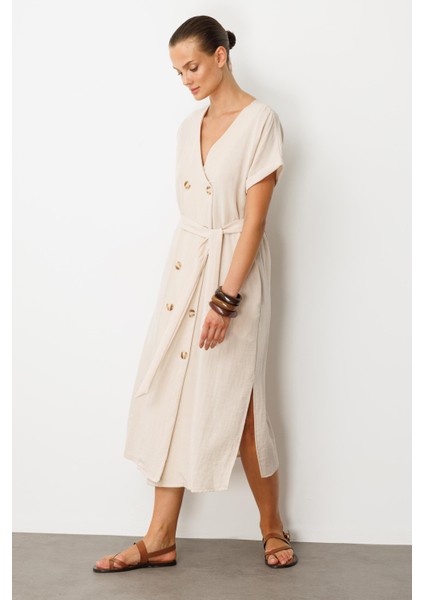 Kruvaze Yaka Keten Görünümlü Elbise-Taş