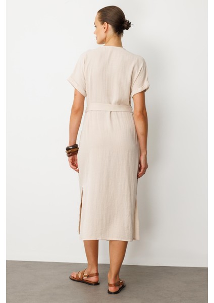 Kruvaze Yaka Keten Görünümlü Elbise-Taş