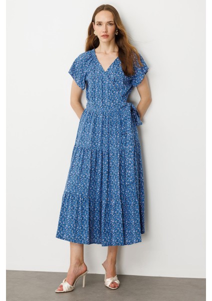 Çiçek Desenli Kruvaze Yaka Uzun Elbise-Mavi