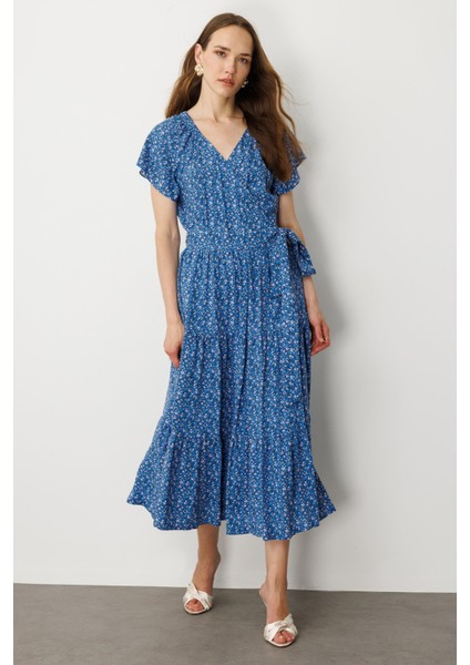 Çiçek Desenli Kruvaze Yaka Uzun Elbise-Mavi fiyatları