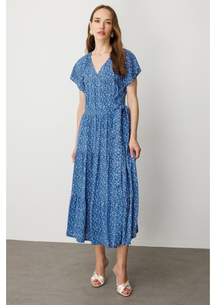 Çiçek Desenli Kruvaze Yaka Uzun Elbise-Mavi modelleri