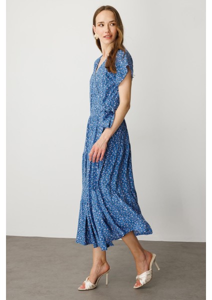 Çiçek Desenli Kruvaze Yaka Uzun Elbise-Mavi fırsatları