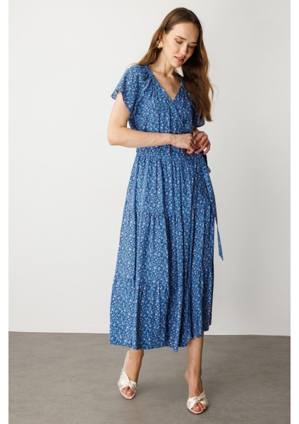 Çiçek Desenli Kruvaze Yaka Uzun Elbise-Mavi indirimleri