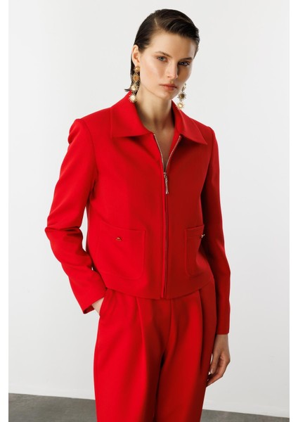 Fermuar Detaylı Kısa Ceket-Kırmızı