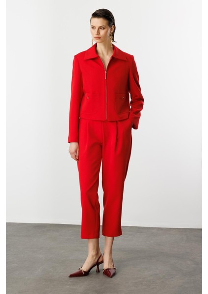 Fermuar Detaylı Kısa Ceket-Kırmızı modelleri