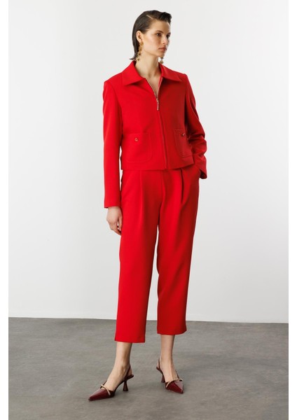 Fermuar Detaylı Kısa Ceket-Kırmızı fırsatları