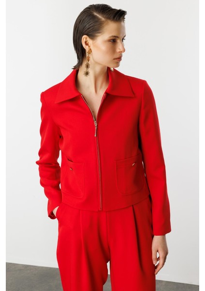 Fermuar Detaylı Kısa Ceket-Kırmızı indirimleri