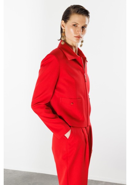 Fermuar Detaylı Kısa Ceket-Kırmızı