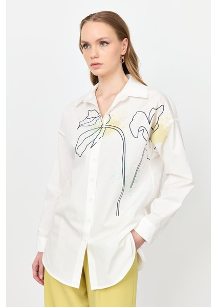 Soyut Desen Pamuklu Gömlek-Kemık