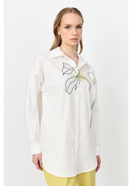 Soyut Desen Pamuklu Gömlek-Kemık fiyatları