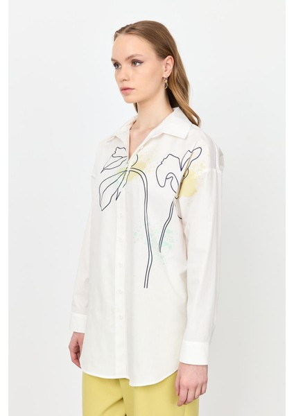 Soyut Desen Pamuklu Gömlek-Kemık indirimleri