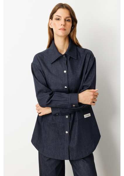 Önü Cep Detay Pamuklu Kot Gömlek-Lacı