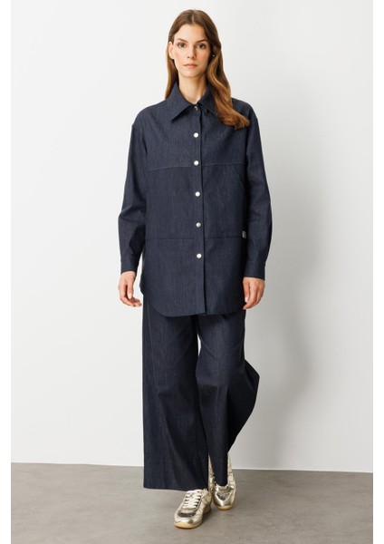 Önü Cep Detay Pamuklu Kot Gömlek-Lacı fiyatları