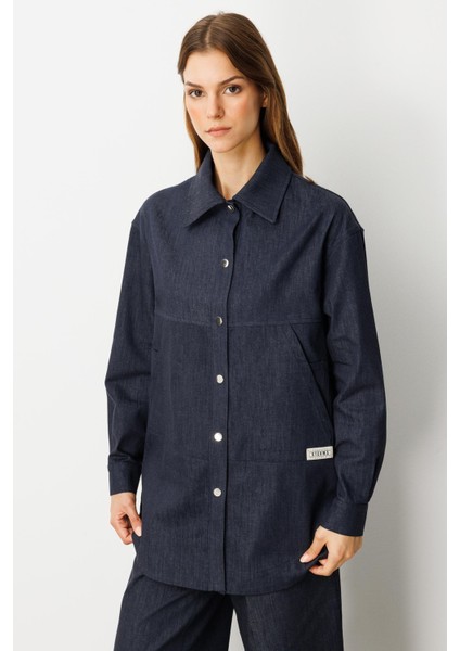 Önü Cep Detay Pamuklu Kot Gömlek-Lacı modelleri