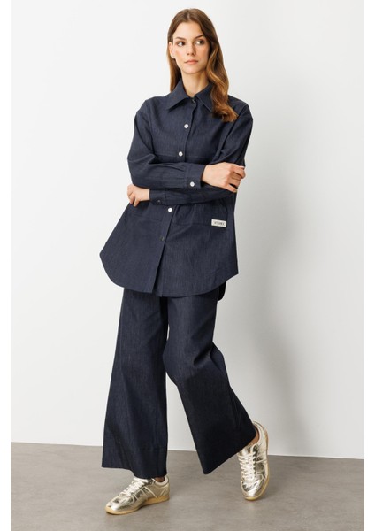 Önü Cep Detay Pamuklu Kot Gömlek-Lacı fırsatları