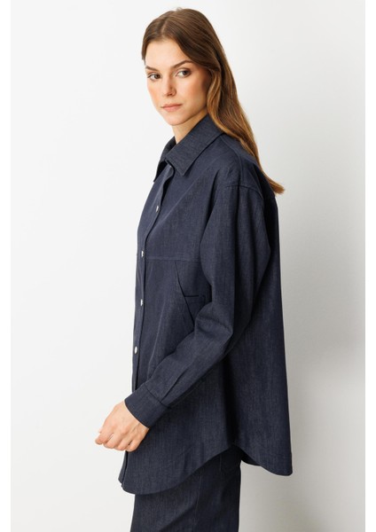 Önü Cep Detay Pamuklu Kot Gömlek-Lacı indirimleri