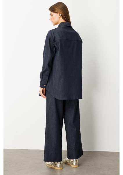 Önü Cep Detay Pamuklu Kot Gömlek-Lacı