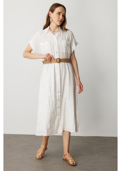 Hasır Kemer Detay Pamuklu Elbise-Krem