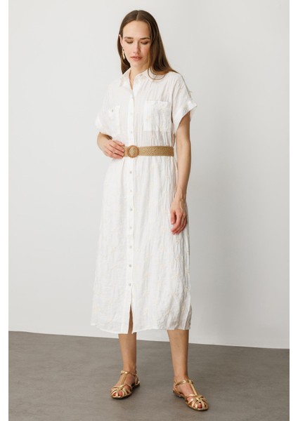 Hasır Kemer Detay Pamuklu Elbise-Krem fiyatları