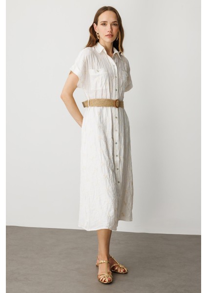 Hasır Kemer Detay Pamuklu Elbise-Krem modelleri