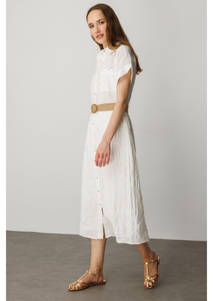 Hasır Kemer Detay Pamuklu Elbise-Krem fırsatları