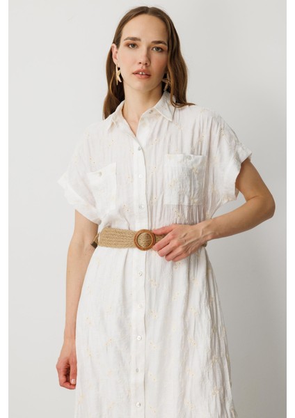 Hasır Kemer Detay Pamuklu Elbise-Krem indirimleri