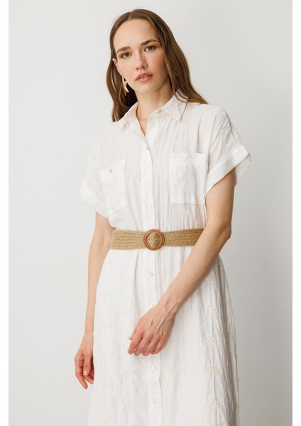 Hasır Kemer Detay Pamuklu Elbise-Krem