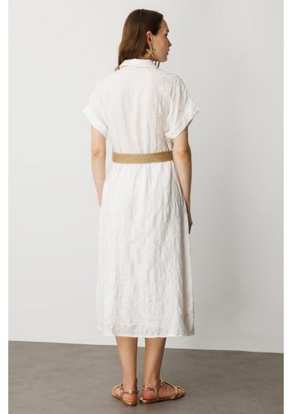 Hasır Kemer Detay Pamuklu Elbise-Krem