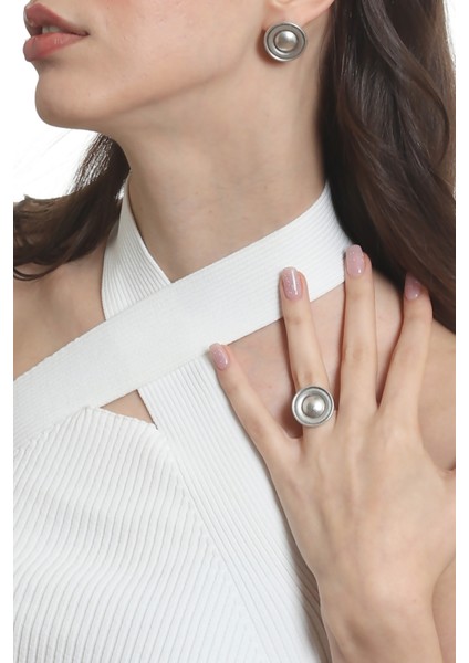 Kadın Antik Gümüş Kaplama Çivili Model Düğme Küpe&yüzük Seti