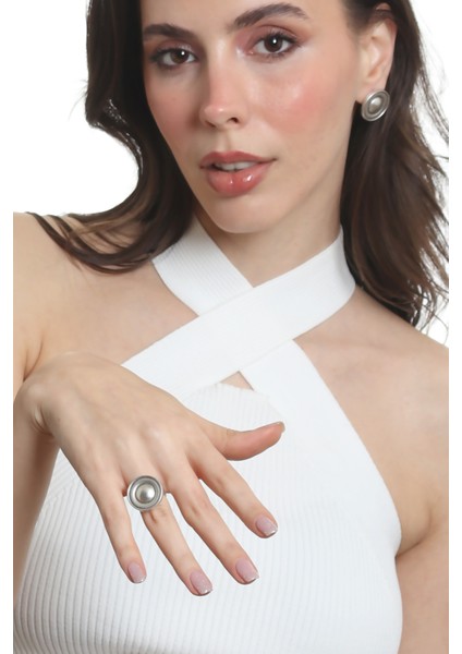 Kadın Antik Gümüş Kaplama Çivili Model Düğme Küpe&yüzük Seti modelleri