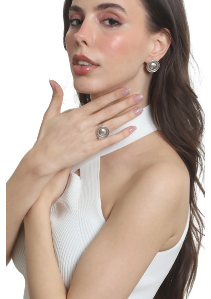 Kadın Antik Gümüş Kaplama Çivili Model Düğme Küpe&yüzük Seti indirimleri