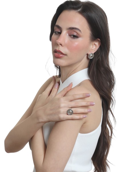 Kadın Antik Gümüş Kaplama Çivili Model Düğme Küpe&yüzük Seti