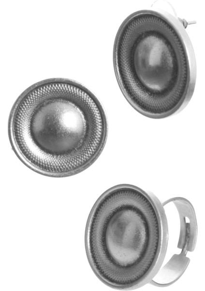 Kadın Antik Gümüş Kaplama Çivili Model Düğme Küpe&yüzük Seti