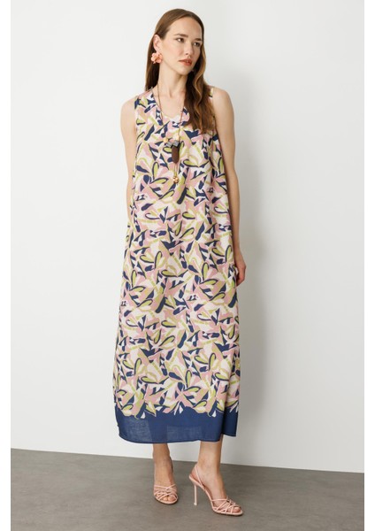 Keten Görünümlü Uzun Elbise-Lacı