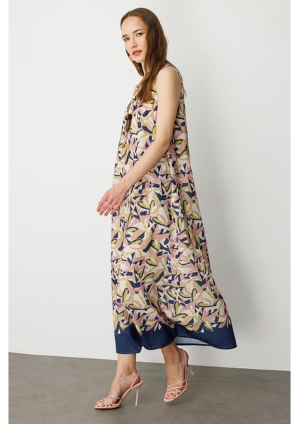 Keten Görünümlü Uzun Elbise-Lacı indirimleri