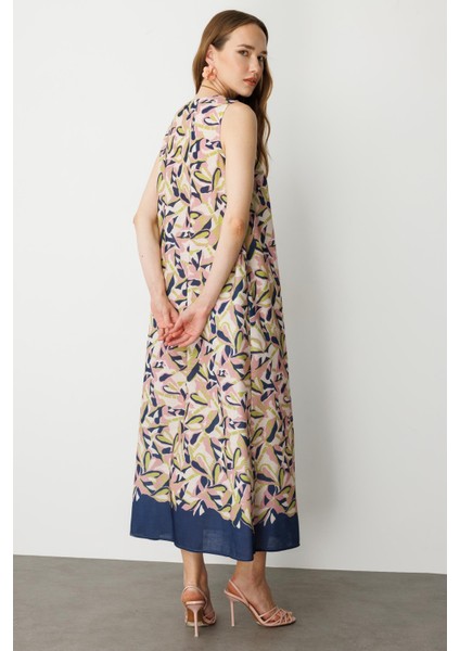 Keten Görünümlü Uzun Elbise-Lacı