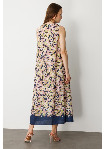 Keten Görünümlü Uzun Elbise-Lacı