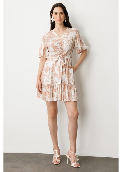 Baskılı Kuşaklı Viskon Elbise-Pudra fiyatları